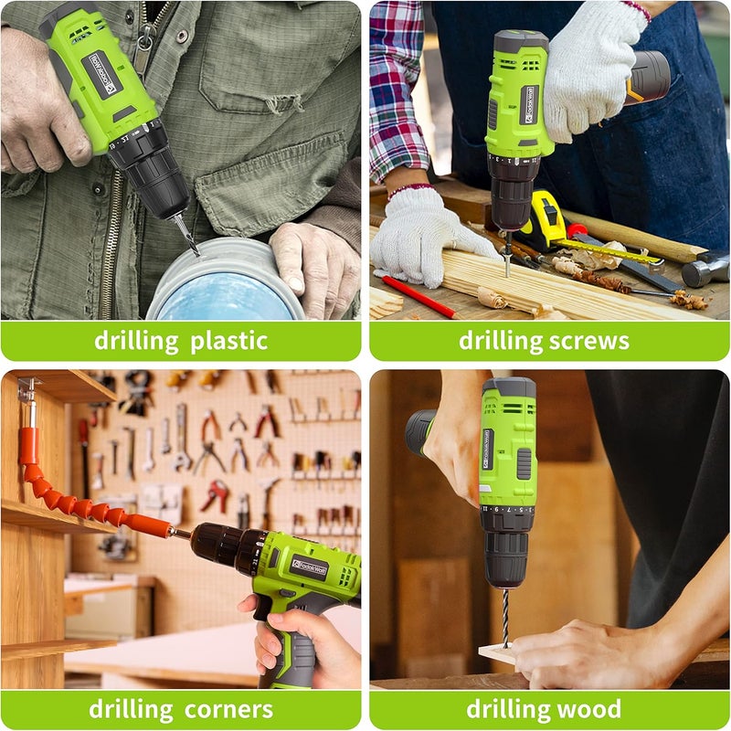 FADAKWALT Cordless Drill Set,12V Power Drill Set with Battery and Charger, Electric Driver/Drill Bits, 3/8'' Keyless Chuck,21+1 Torque Setting, 180 inch-lbs, with LED Electric Drill Set (Green) - Image 3